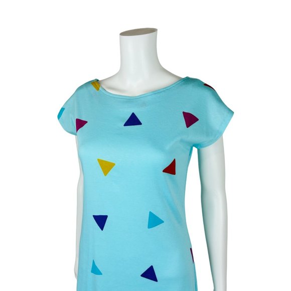 Vintage 80s Triangle Print Dress Blue Multi Colored Funky New Wave Pullover - Picture 3 of 10
